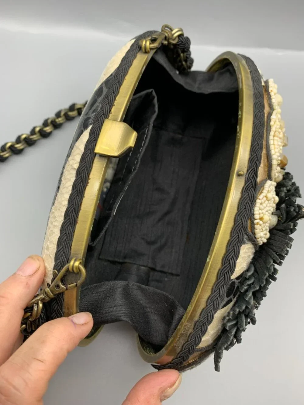 Vintage Mary Frances Zebra-Beaded Handbag Clutch with Removable Shoulder Chain